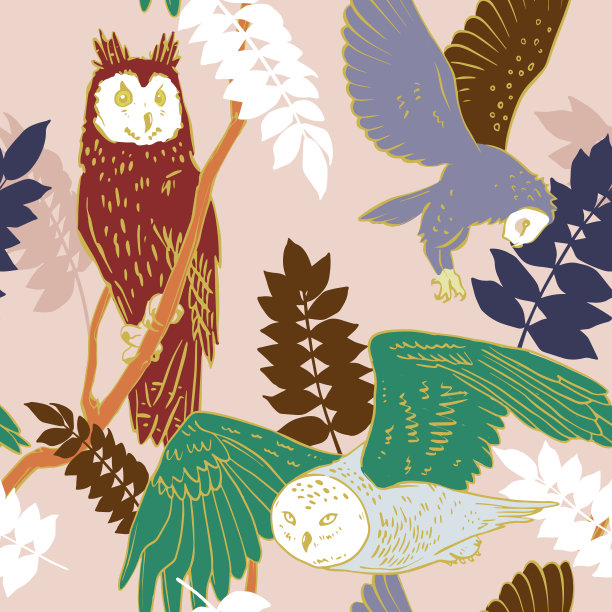 无缝图案与卡通猫头鹰。矢量图图片下载