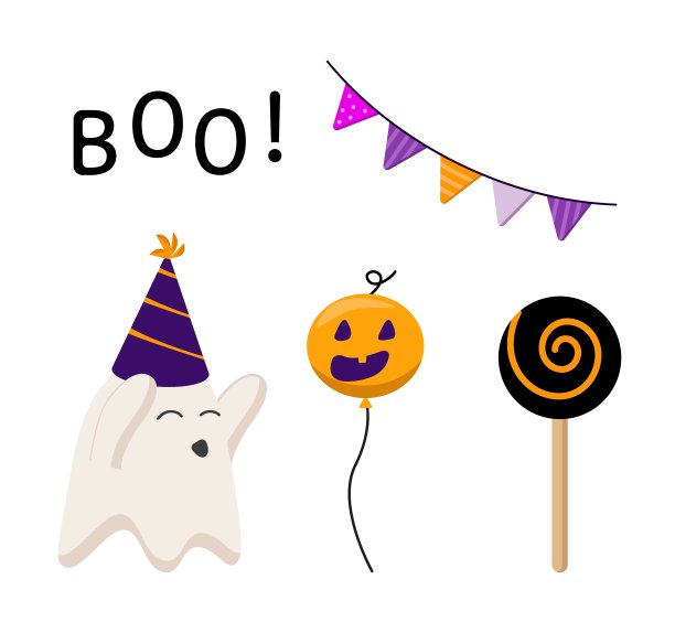 设置设计元素helloween。为海报，提供，传单，横幅，邀请，贺卡。孤立的白色背景。向量。幽灵，气球，南瓜，旗帜，甜筒帽，棒棒糖。图片下载