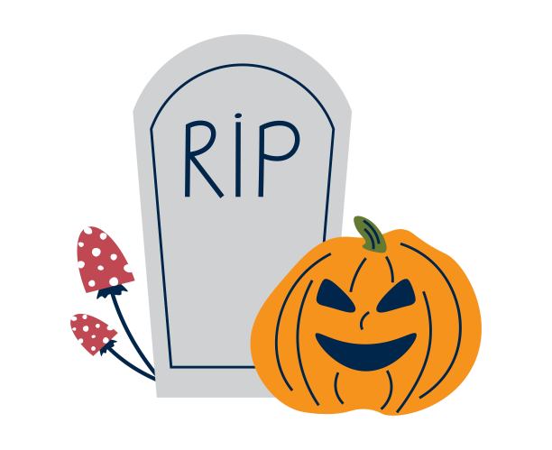 杰克南瓜的可怕雕刻脸。墓碑上的壁球。坟墓、毒菌和南瓜。万圣节幽灵装饰孤立在白色背景。平面向量插图。图片下载