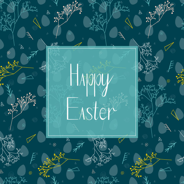 邀请函或横幅上写着“复活节快乐”，背景是彩色的含羞草图案和蓝色的鸡蛋。图片下载