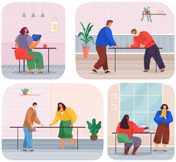 一套关于办公室工作的插图。人们在工作场所交流，交谈图片下载