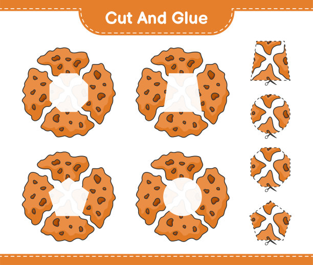切和粘，切饼干的部分和粘他们。教育儿童游戏，可打印的工作表，矢量插图图片下载