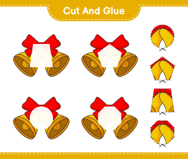 剪下并粘上，剪下圣诞钟的一部分并粘上。教育儿童游戏，可打印的工作表，矢量插图图片下载