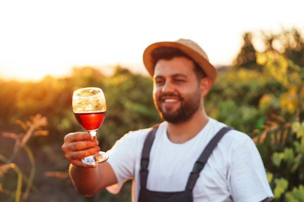 酿酒师在葡萄园里拿着一杯白葡萄酒图片下载