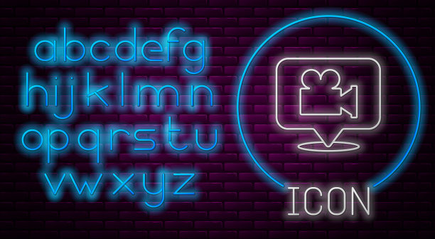 发光的霓虹灯线相机和定位销图标图片下载