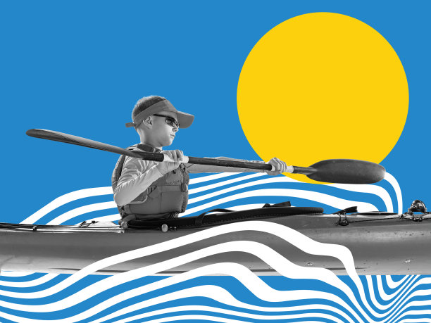 创意艺术与初学者皮划艇在独木舟与救生衣和桨彩色抽象背景。运动、旅行、积极生活方式的概念图片下载