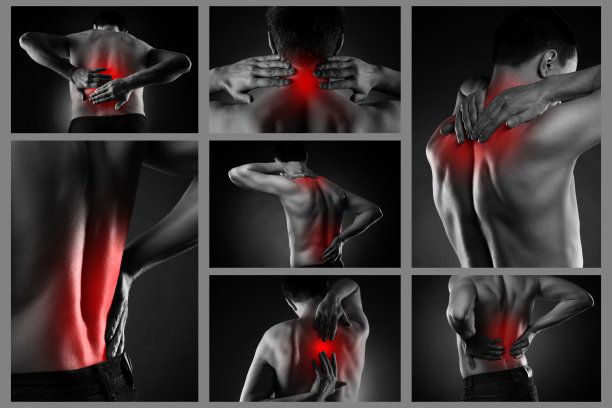 腰椎和颈椎疝，男子关节疼痛，椎间盘压迫损伤，拼贴几张照片图片下载