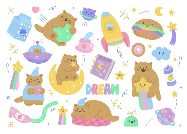 一套彩色可爱的好夜矢量元素。外太空的卡通猫、星星、火箭和彩虹。图片下载