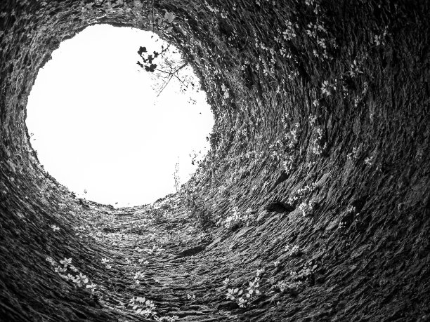 光和出口从一个石头隧道，光进入，植物和花卉可以看到。从冥界到冥界。图片下载