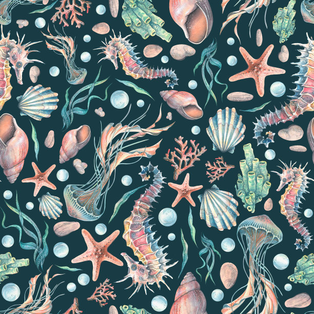 贝壳，海星，海马和水母，珊瑚和泡泡。黑色背景上的水彩插图。无缝模式。用于织物，纺织品，壁纸，服装海滩和夏季配件图片下载