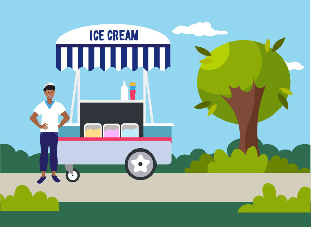 穿制服的卖冰淇淋的人在卖冰淇淋。平面风格矢量插图。图片下载