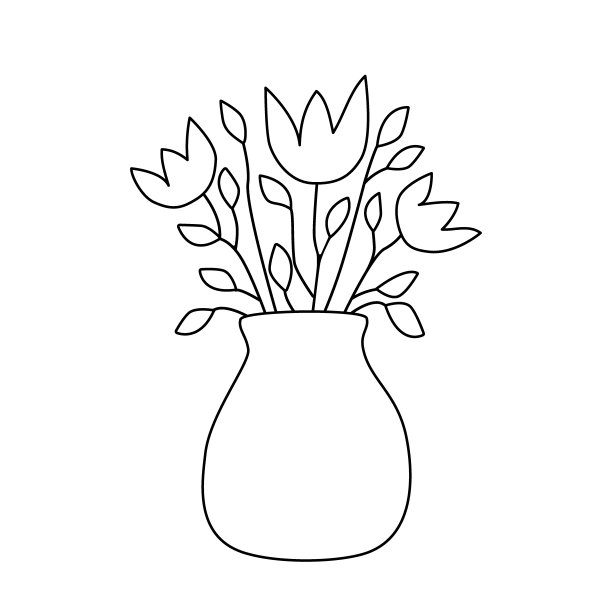 花卉在一个花瓶孤立矢量插图轮廓线和黑白轮廓线艺术。室内装饰用盛开的郁金香花束。生日礼物。简单的手绘剪贴画设计元素图片下载