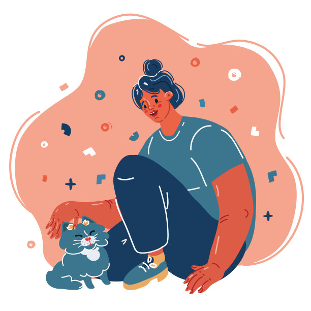 矢量插图的女人是跪着和抚摸猫。母猫坐在地板上爱抚小猫或和它玩耍图片下载