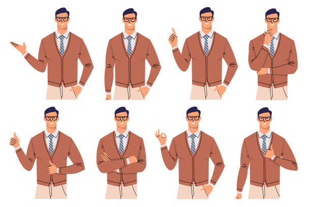 商人在不同的姿势和姿态。男性性格在眼镜和领带中孤立。表示同意、展示、示范、思考、竖起大拇指、建议、双臂交叉，好的。图片下载