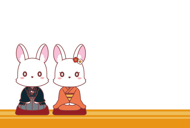 一只穿着日本服装的兔子坐在地板上，还有一张做新年贺卡的空白材料图片下载