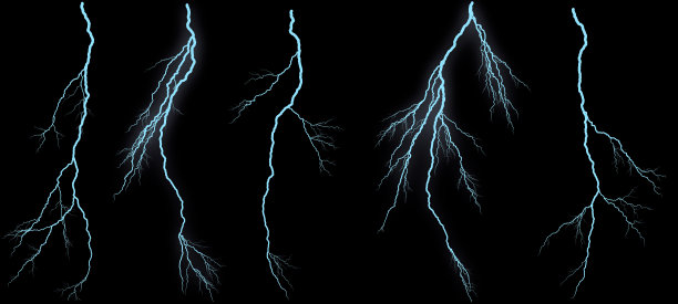 一组不同的闪电螺栓隔离在黑色背景图片下载