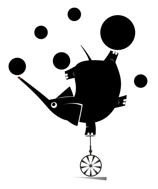 平衡象骑在独轮车和杂耍球。插图图片下载