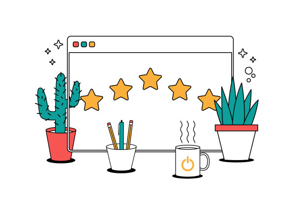 星评级和反馈的概念。卡通直线矢量插图风格的最小浏览器窗口与星星和光标。图片下载