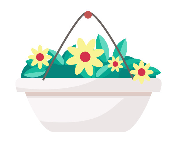 悬挂陶瓷花盆，白底黄花隔离，户外植物概念图片下载