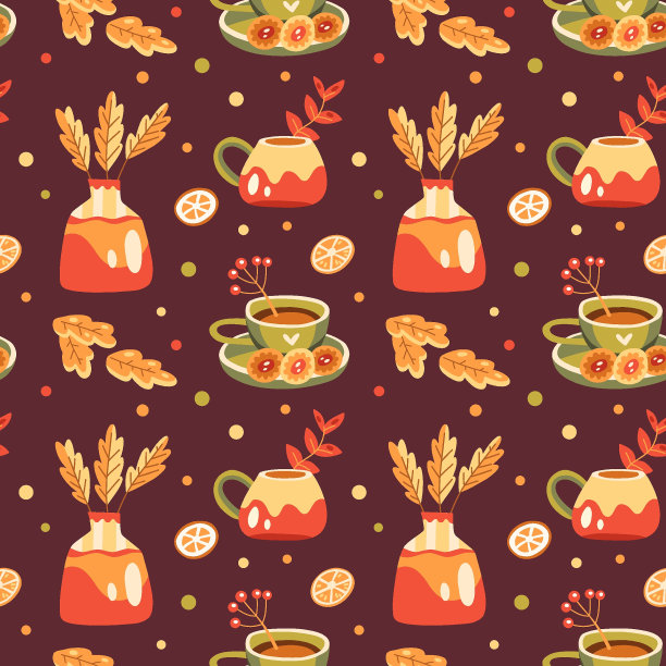 无缝秋季模式与热饮，饼干，落叶和浆果图片下载