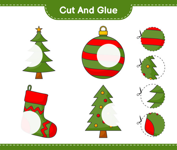 剪和粘，剪圣诞树的部分，圣诞球，圣诞袜和粘他们。教育儿童游戏，可打印的工作表，矢量插图图片下载