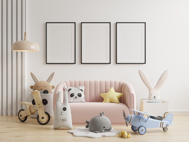 在儿童房间内部模拟海报，海报贴在空的白色墙壁上。图片下载