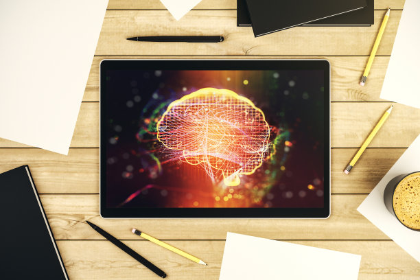 创新人工智能概念，在现代数字平板屏幕上显示人脑全息图。前视图。三维渲染图片下载