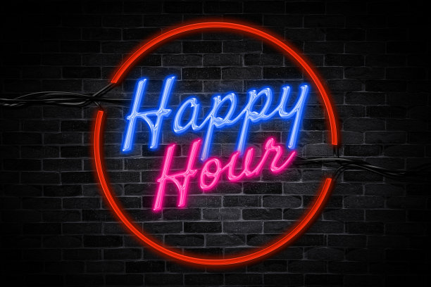 欢乐时光霓虹灯横幅在砖墙背景。图片下载