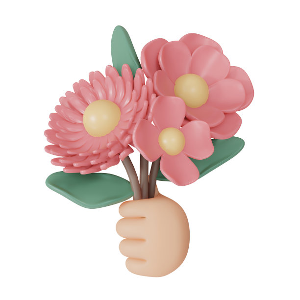 3D渲染手拿粉色花孤立在白色背景。3d渲染卡通风格。图片下载