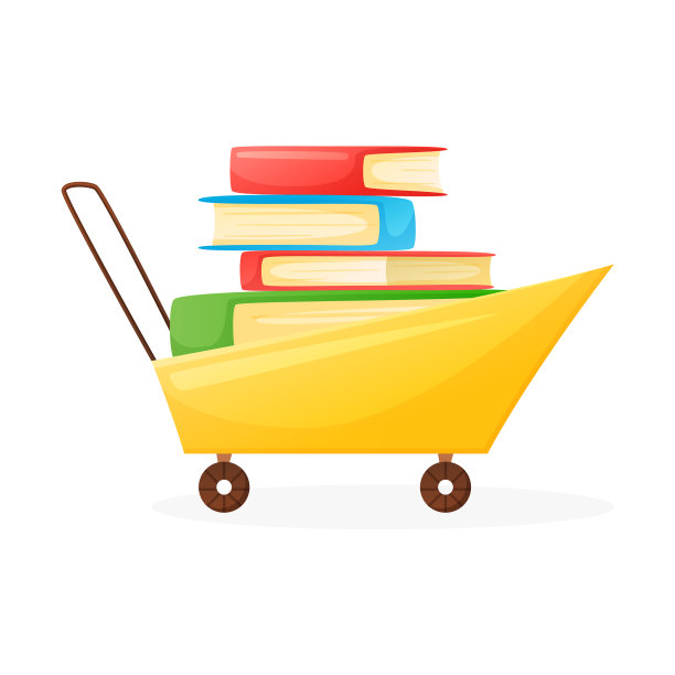 手推车与一堆书孤立的漫画图片下载