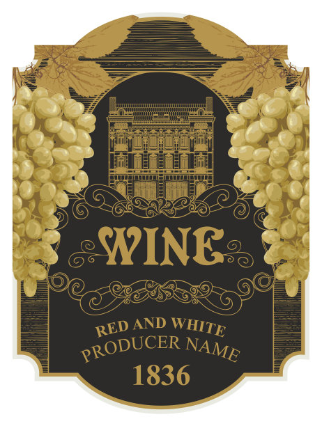 葡萄酒标签与葡萄串和古老的建筑图片下载