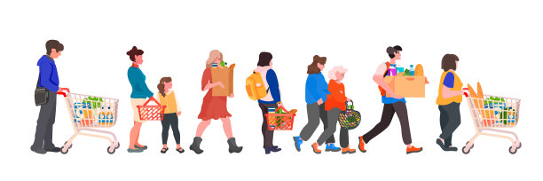 人们推着手推车排队等候图片下载