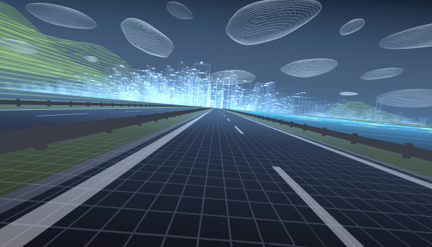 3D高速公路与城市地平线和风格化的云图片下载