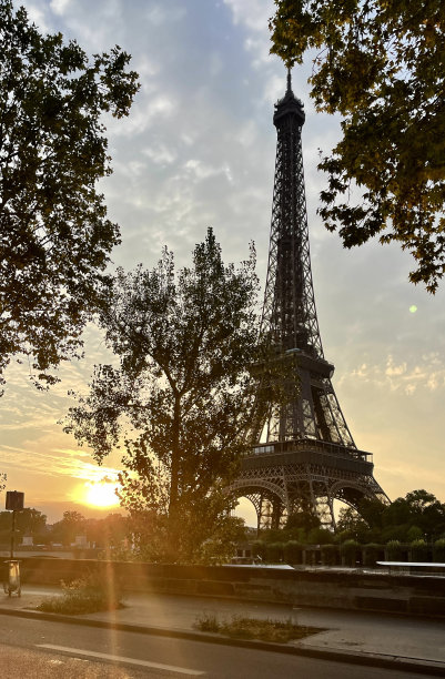 埃菲尔铁塔穿过树木日出图片下载
