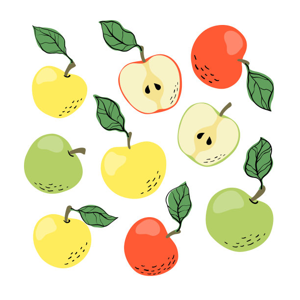 一组黄绿色的苹果和苹果片图片下载