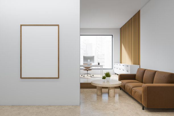 明亮的办公室内部配有休闲区和办公桌，全景窗。模型框架图片下载