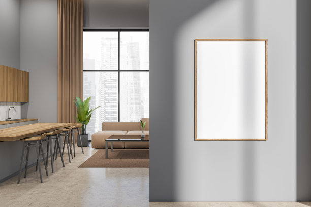 灰色厨房内部有沙发和用餐区，全景窗。模型框架图片下载