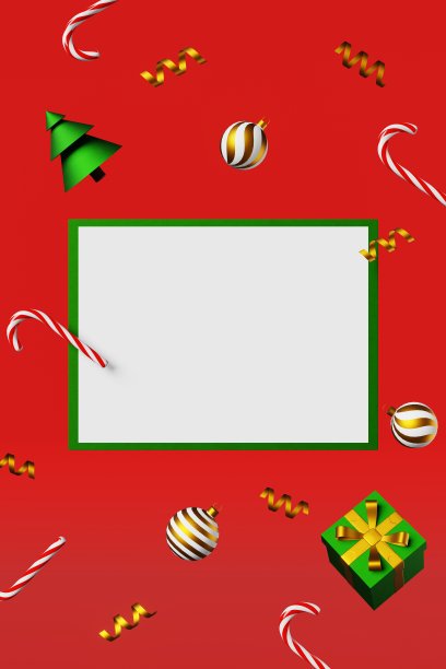 圣诞贺卡模拟杉树球糖果手杖礼盒彩带蝴蝶结3d渲染。单板模板红色背景。图片下载