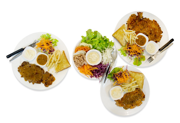 俯视图各种创意菜品的牛排，重点选择图片下载