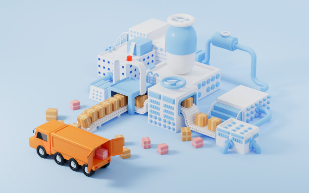 纸板箱上输送机和物流运输车辆，3d效果图。图片下载