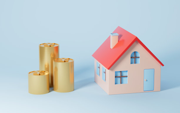 蓝色背景的金币和房子，3d渲染。图片下载