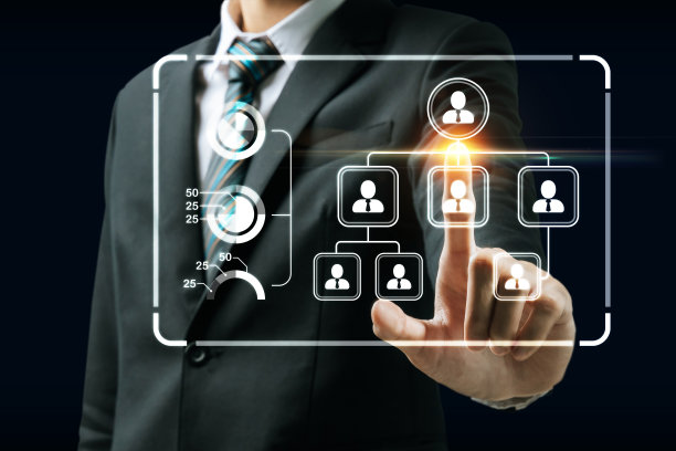 商务人士用虚拟图形触摸黑色背景图标图，人力资源，联系我们，数字营销，在家工作，商务金融，互联网网络技术概念图片下载