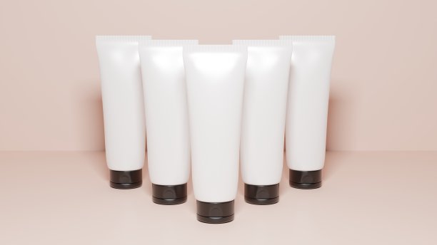 白色美容管的护手霜化妆品。美容管模型与阴影在粉红色的背景。化妆品和药瓶极简设计包装模型。三维渲染图片下载