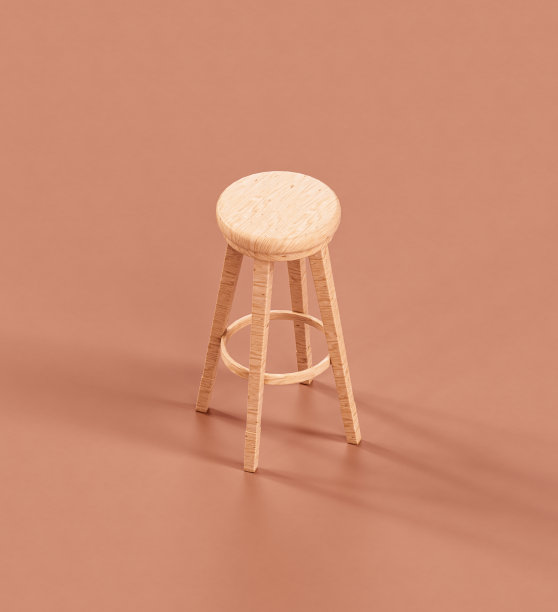 单色室内等距木制高脚凳。家用对象。三维渲染图片下载