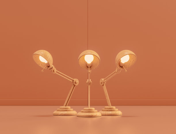 单色房间的木制台灯组，3d渲染图片下载