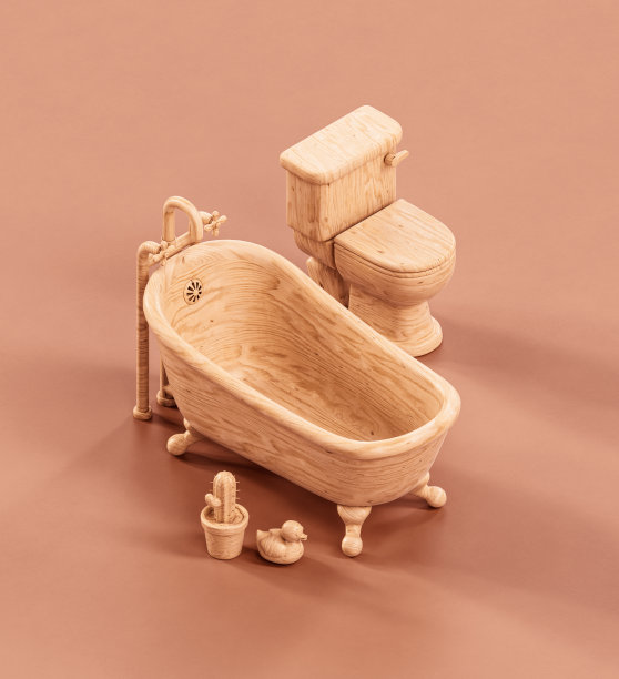 单色浅棕色地板上的等距木制浴缸和卫生间的3d渲染图片下载