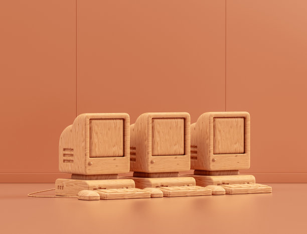 木制一台旧电脑，用键盘和鼠标在单色房间，3d渲染图片下载