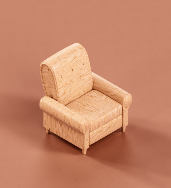 单色室内等距木制躺椅。家用对象。三维渲染图片下载