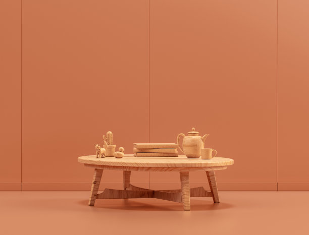 单色房间的木制单咖啡桌，3d渲染图片下载