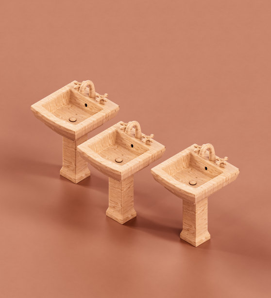 单色室内的一组等距木制浴室水槽。家居对象，3d渲染图片下载